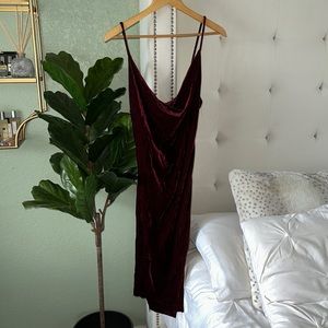 Burgundy velvet dress with cowl neckline in the front from Windsor.